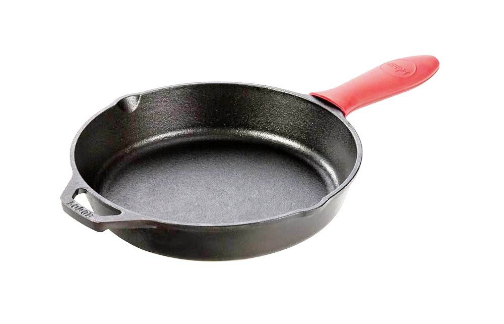 Lodge L10SK3ASHH41B Pre Seasoned Cast Iron Skillet with Red Silicone Hot Handle Holder