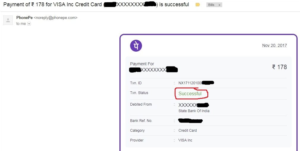 PhonePe Confirmation Email for A Successful Credit Card Payment