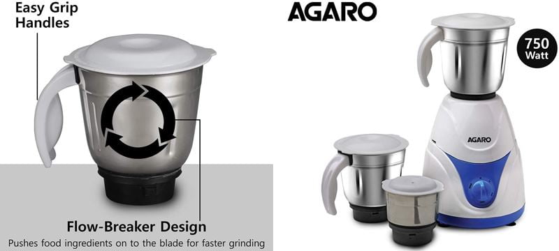 AGARO Blitz 750W Mixer Grinder Stainless Steel Jars
